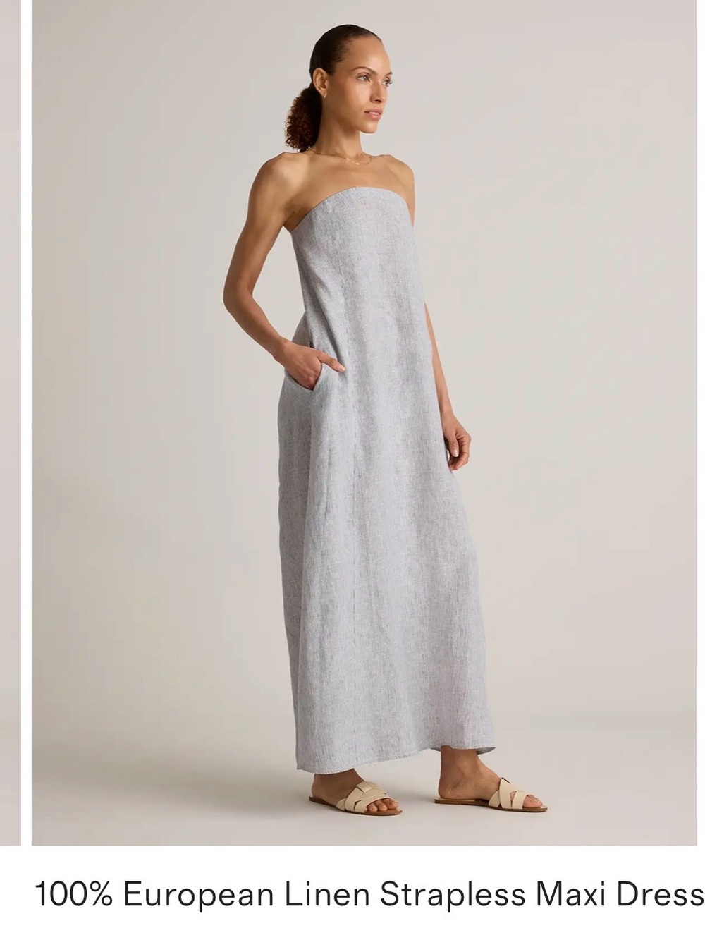 Strapless Linen striped Maxi Dress in Light Gray and white